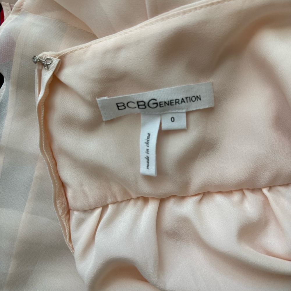 BCBGeneration Sleeveless Halter Dress, Light Pink with Black Lace Design, Size 0